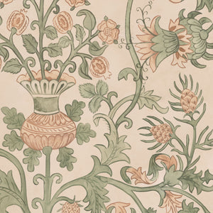 Tudor Blooms wallpaper by Studio Le Cocq in pink, flat sample of Tudor-style flower urns