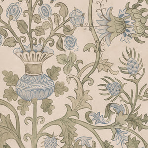 Tudor Blooms wallpaper by Studio Le Cocq in beige, full repeat of Tudor-style flower urns