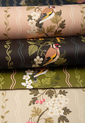 Hedgerows wallpaper by Studio Le Cocq in black, roll showing hedgerow flowers and birds in stripes