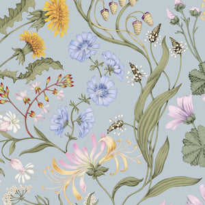 The Lost Garden in Coastal Blue wallpaper by Studio Le Cocq in blue, full repeat of a dense garden of flowers