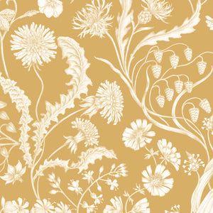 The Lost Garden Wallpaper in Honeysuckle wallpaper by Studio Le Cocq in yellow, full repeat of a dense garden of flowers