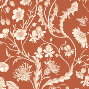The Lost Garden wallpaper by Studio Le Cocq in terracotta, full repeat of a dense garden of flowers
