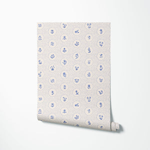 Cottage Ditsy Dot wallpaper by Studio Le Cocq in blue, roll showing ditsy flowers in dotted circles (alternate view)