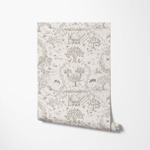 Daily Walk wallpaper by Studio Le Cocq in grey, partly unrolled roll showing a country toile