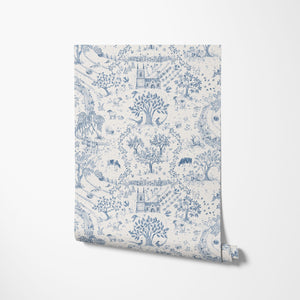 Daily Walk wallpaper by Studio Le Cocq in blue, roll showing a country toile