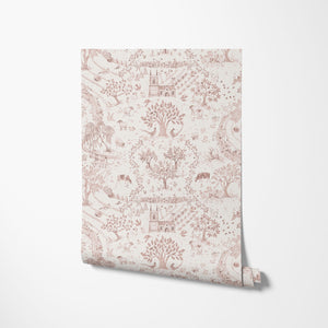 Daily Walk wallpaper by Studio Le Cocq in pink, sample roll showing a country toile