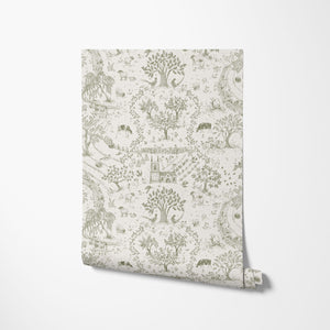 Daily Walk wallpaper by Studio Le Cocq in beige, partly unrolled roll showing a country toile
