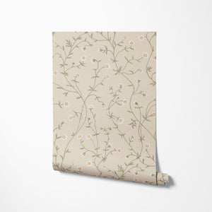 Daisy Chain wallpaper by Studio Le Cocq in cream, roll showing trailing daisy chains