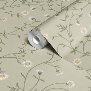 Daisy Chain wallpaper by Studio Le Cocq in sage green, sample roll showing trailing daisy chains