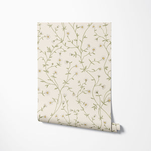 Daisy Chain wallpaper by Studio Le Cocq in cream, sample roll showing trailing daisy chains (alternate view)