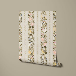 Hedgerows wallpaper by Studio Le Cocq in cream, sample roll showing hedgerow flowers and birds in stripes (alternate view)