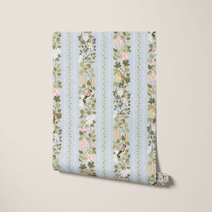 Hedgerows wallpaper by Studio Le Cocq in blue, roll showing hedgerow flowers and birds in stripes