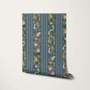 Hedgerows wallpaper by Studio Le Cocq in navy, sample roll showing hedgerow flowers and birds in stripes