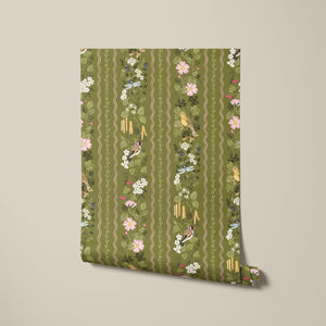 Hedgerows wallpaper by Studio Le Cocq in olive green, roll showing hedgerow flowers and birds in stripes