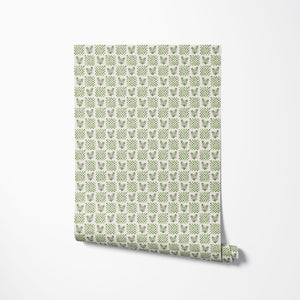 Picnic in the Flowers wallpaper by Studio Le Cocq in green, roll showing a small floral lattice