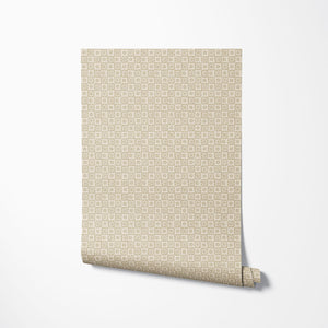 St. Swithin wallpaper by Studio Le Cocq in terracotta, roll showing a small woven-look motif