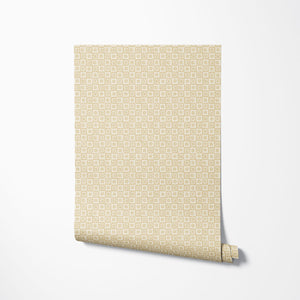 St. Swithin wallpaper by Studio Le Cocq in beige, partly unrolled roll showing a small woven-look motif