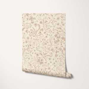 The Lost Garden Cottage wallpaper by Studio Le Cocq in red, roll showing a dense garden of flowers