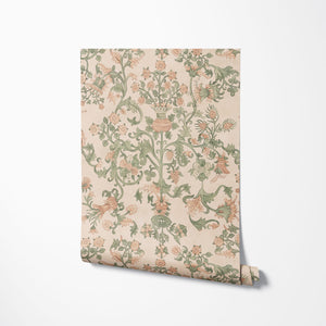 Tudor Blooms wallpaper by Studio Le Cocq in pink, roll showing Tudor-style flower urns