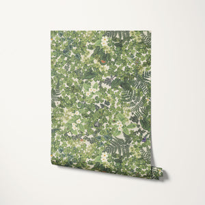 Woodland Floor wallpaper by Studio Le Cocq in green, roll showing woodland flowers and ferns
