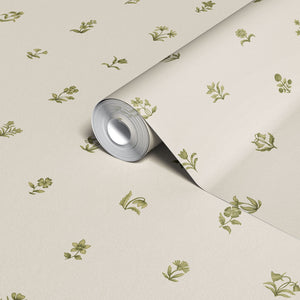 Cottage Ditsy wallpaper by Studio Le Cocq in green, roll showing scattered ditsy flowers