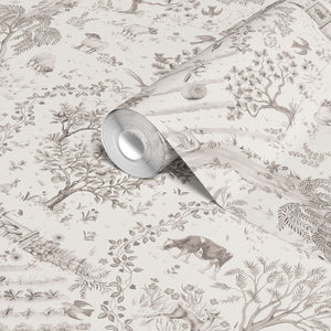Daily Walk wallpaper by Studio Le Cocq in grey, roll showing a country toile