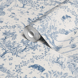 Daily Walk wallpaper by Studio Le Cocq in blue, flat sample of a country toile
