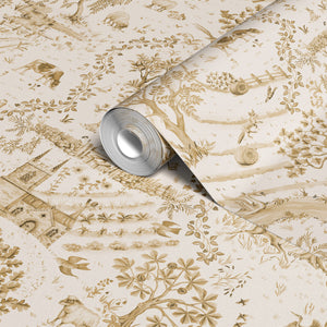 Daily Walk wallpaper by Studio Le Cocq in gold, sample roll showing a country toile