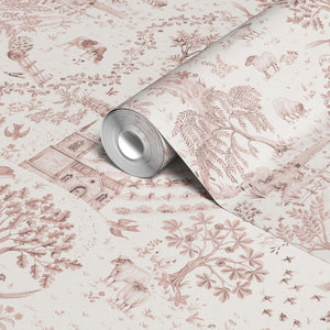Daily Walk wallpaper by Studio Le Cocq in pink, partly unrolled roll showing a country toile