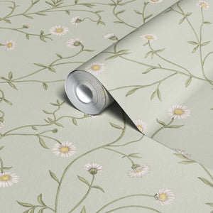Daisy Chain wallpaper by Studio Le Cocq in pale green, roll showing trailing daisy chains