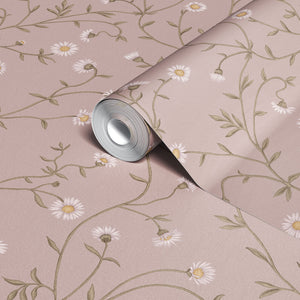 Daisy Chain wallpaper by Studio Le Cocq in pink, roll showing trailing daisy chains