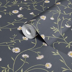 Daisy Chain wallpaper by Studio Le Cocq in navy, sample roll showing trailing daisy chains