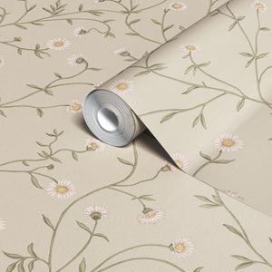 Daisy Chain wallpaper by Studio Le Cocq in cream, sample roll showing trailing daisy chains