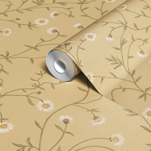 Daisy Chain wallpaper by Studio Le Cocq in yellow, roll showing trailing daisy chains