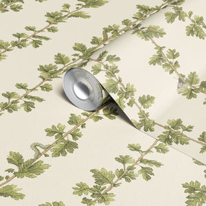 Hawthorn Stripe wallpaper by Studio Le Cocq in green, sample roll showing trailing hawthorn stripes
