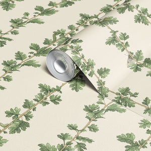 Hawthorn Stripe wallpaper by Studio Le Cocq in gold, partly unrolled roll showing trailing hawthorn stripes
