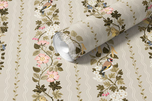 Hedgerows wallpaper by Studio Le Cocq in cream, sample roll showing hedgerow flowers and birds in stripes