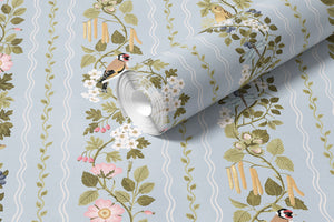 Hedgerows wallpaper by Studio Le Cocq in blue, sample roll showing hedgerow flowers and birds in stripes