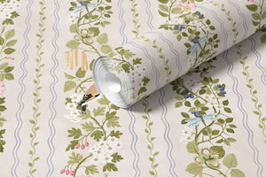 Hedgerows wallpaper by Studio Le Cocq in cream, roll showing hedgerow flowers and birds in stripes