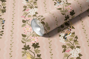 Hedgerows wallpaper by Studio Le Cocq in pink, roll showing hedgerow flowers and birds in stripes