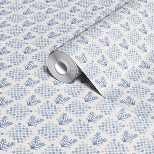 Picnic in the Flowers wallpaper by Studio Le Cocq in blue, roll showing a small floral lattice