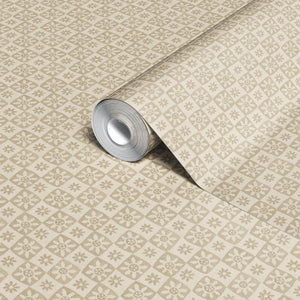 St. Swithin wallpaper by Studio Le Cocq in terracotta, sample roll showing a small woven-look motif