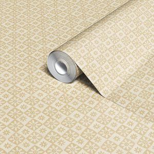 St. Swithin wallpaper by Studio Le Cocq in beige, roll showing a small woven-look motif