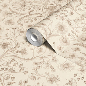The Lost Garden Cottage wallpaper by Studio Le Cocq in red, sample roll showing a dense garden of flowers