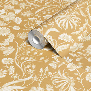 The Lost Garden Wallpaper in Honeysuckle wallpaper by Studio Le Cocq in yellow, roll showing a dense garden of flowers
