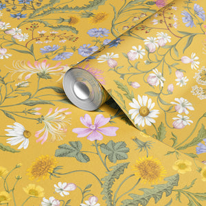 The Lost Garden Wallpaper in India Yellow wallpaper by Studio Le Cocq in yellow, roll showing a dense garden of flowers