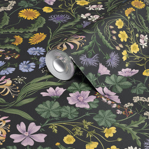 The Lost Garden wallpaper by Studio Le Cocq in black, full repeat of a dense garden of flowers
