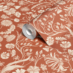 The Lost Garden wallpaper by Studio Le Cocq in terracotta, pattern sample of a dense garden of flowers