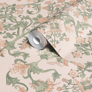 Tudor Blooms wallpaper by Studio Le Cocq in pink, sample roll showing Tudor-style flower urns