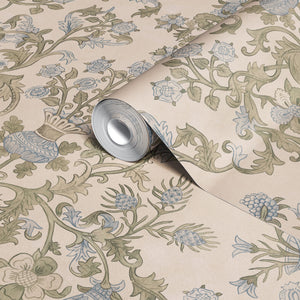 Tudor Blooms wallpaper by Studio Le Cocq in beige, roll showing Tudor-style flower urns